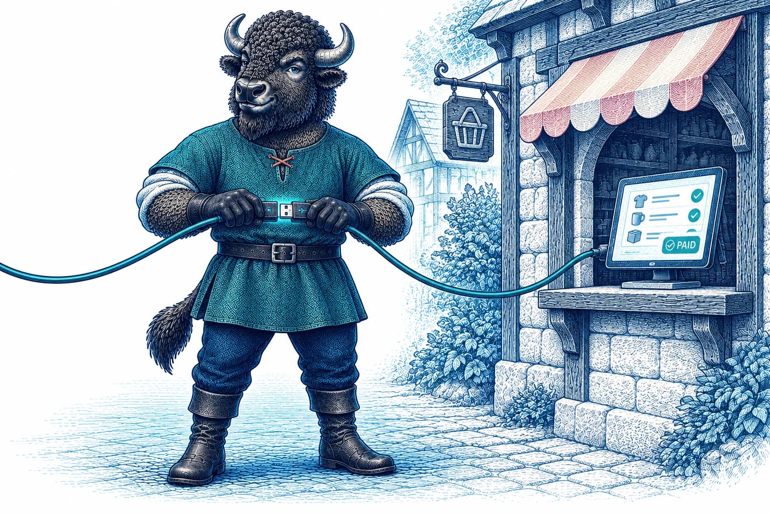 Little John plugging a cable into a storefront whose screen reads Paid